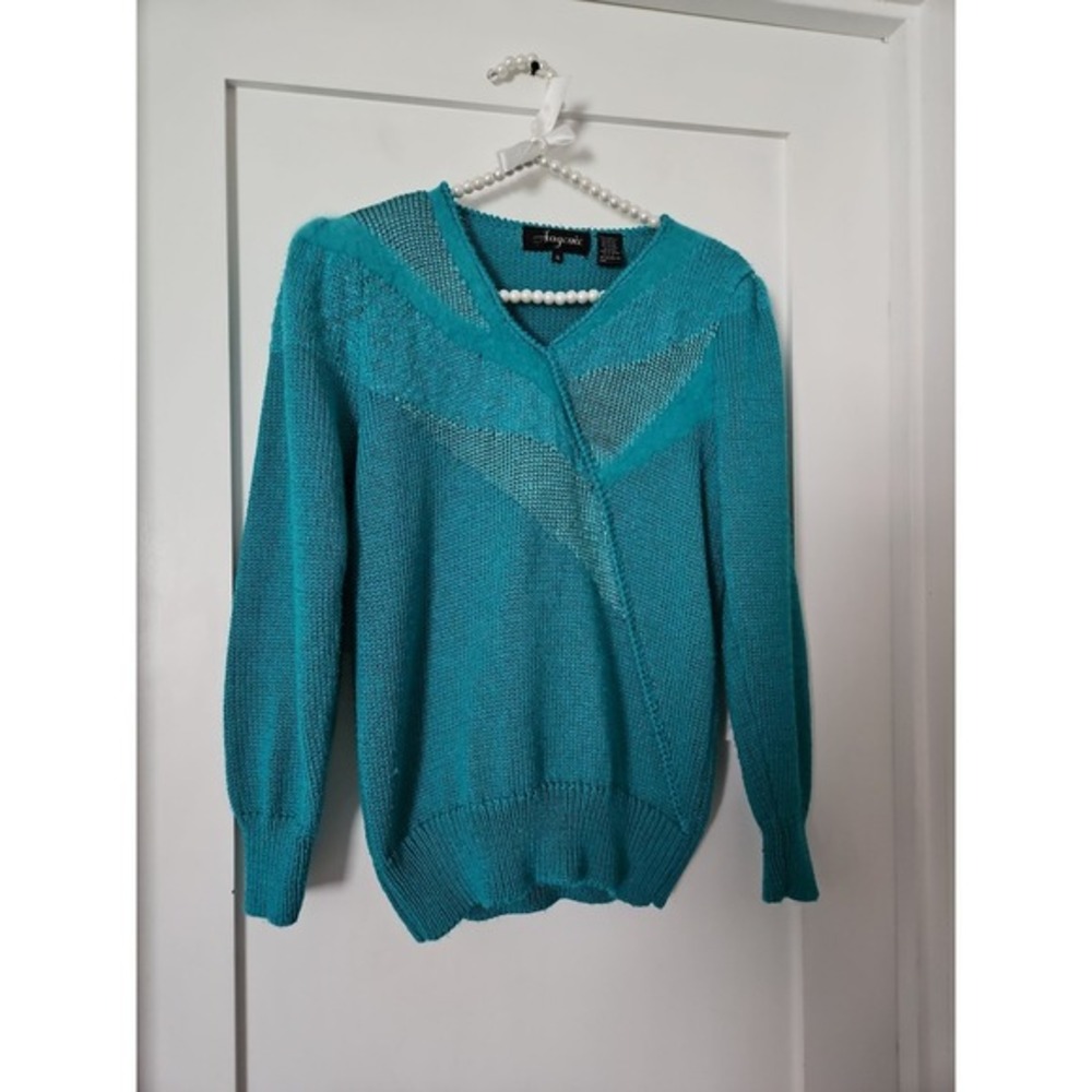 Angenie Sweater Women Small Teal Blue Excellent Vintage 80s V-Neck Angora Blend